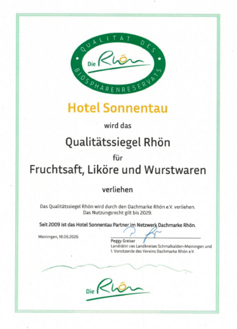 Qualitätssiegel Rhön für die hausgemachten Produkte des Hotels Sonnentau gültig bis 2029